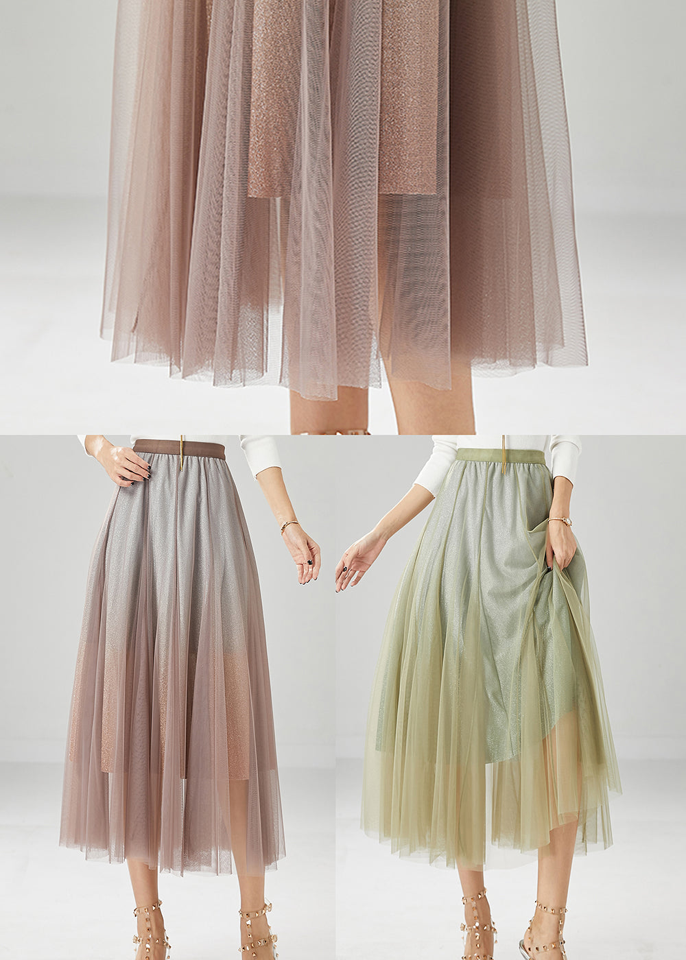Brick Red Tulle a Line Skirt Gradient Color Summer