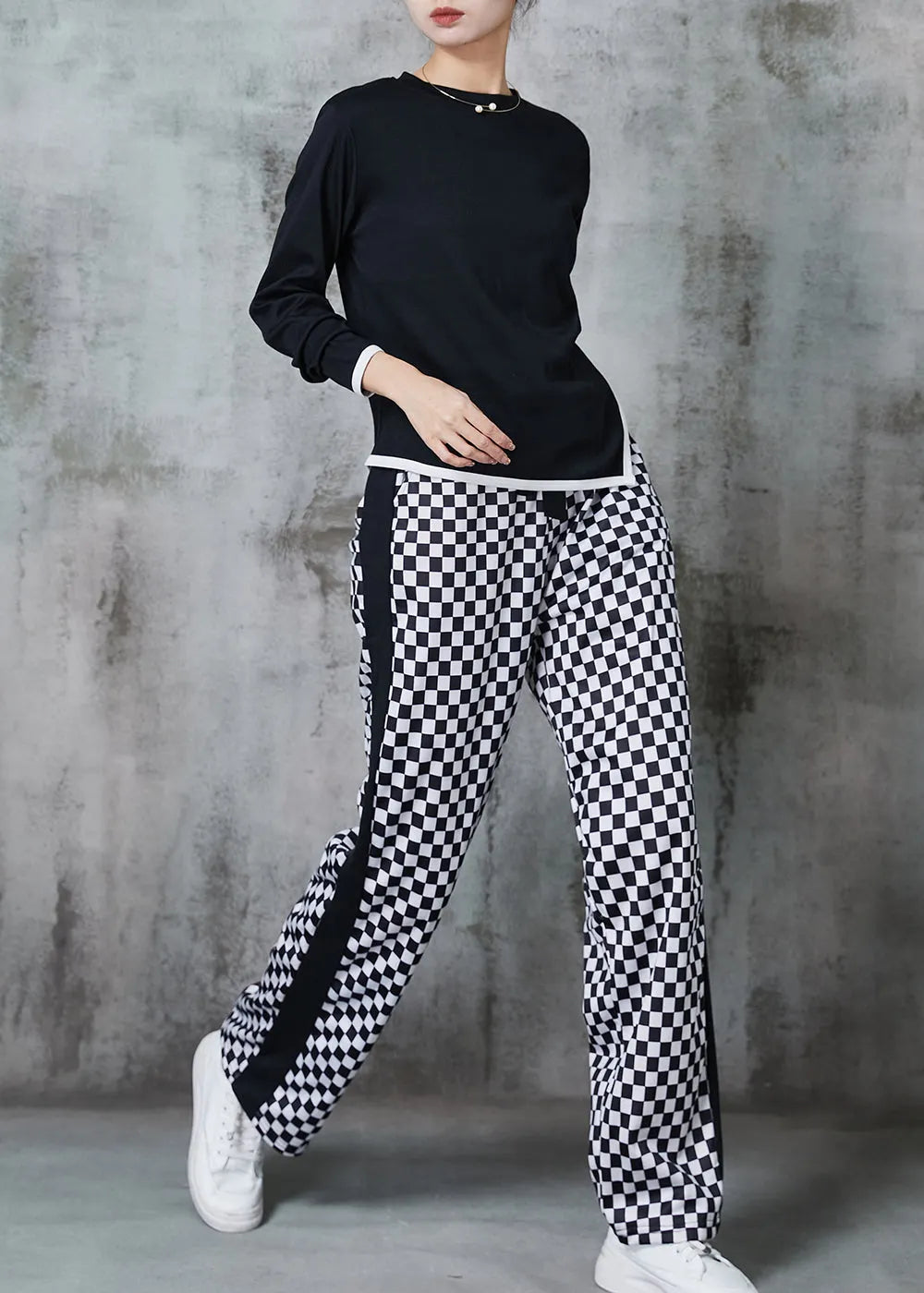 Black Plaid Side Open Cotton Two Pieces Set Spring