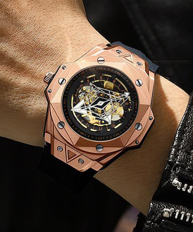 Rose Gold Leather Fully Automatic Machinery Hollow Out Watches