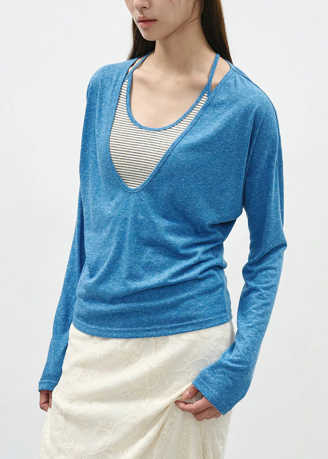 Grey False Two Pieces Patchwork Cotton T Shirts Spring