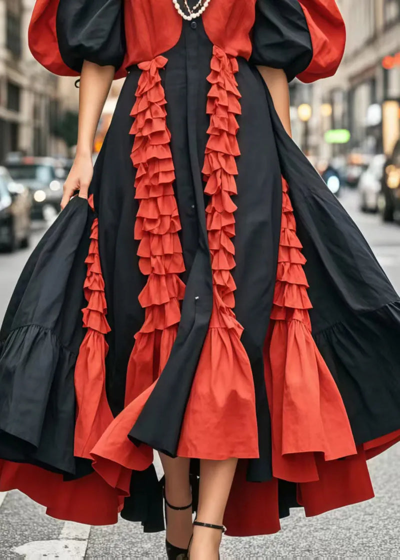 Colorblock Puff Sleeve Patchwork Ruffled Cotton Dress Vestidos