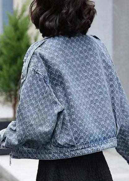 Denim Blue Notched Zippered Plaid Coat Long Sleeve
