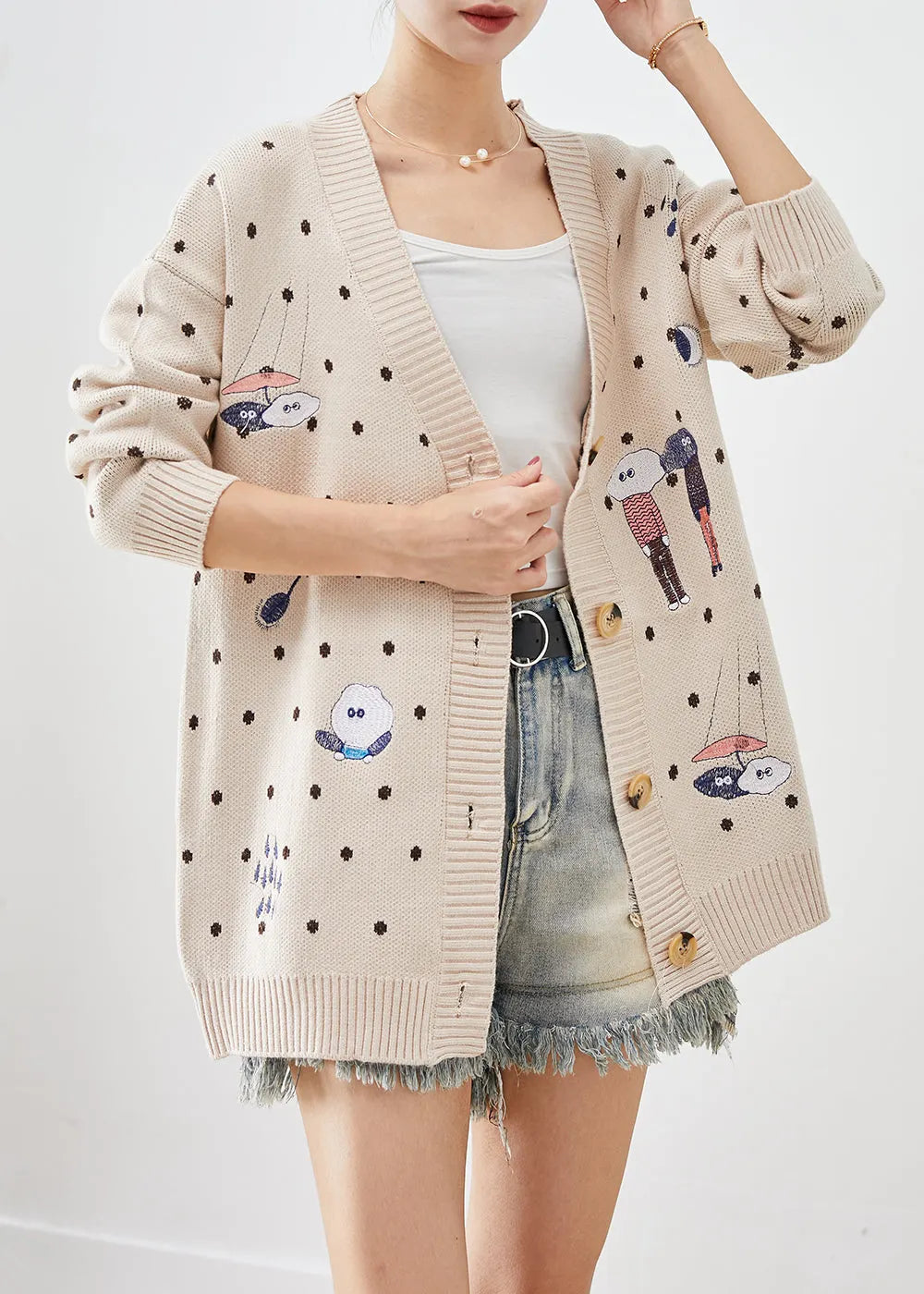 Beige Embroidered Knit Loose Coat Winter