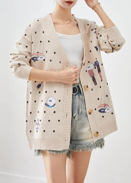 Beige Embroidered Knit Loose Coat Winter