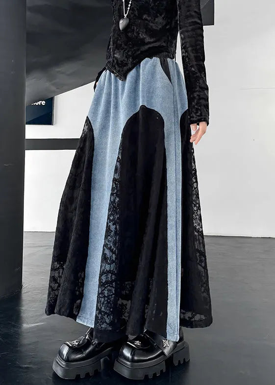 Original Design Black Drawstring Pockets Lace Patchwork Denim Skirts Fall