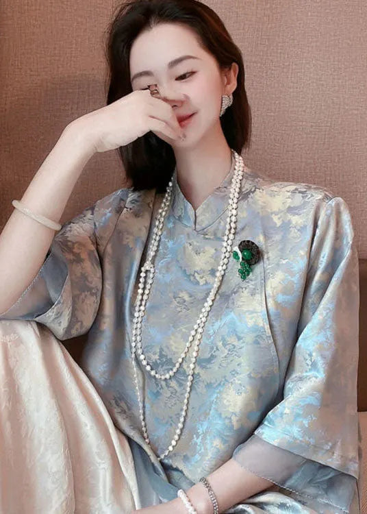 Original Design Light Blue Tulle Patchwork Jacquard Cotton Blend Shirts Half Sleeve