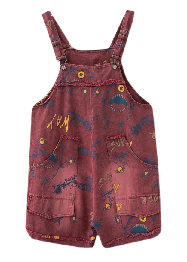 Red Slash Neck Print Patchwork Denim Jumpsuit Summer