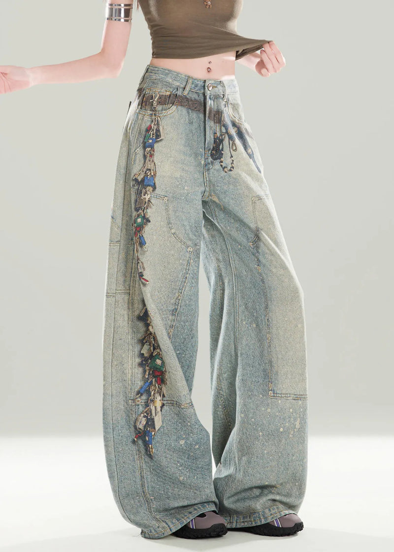 Stylish Blue Pockets Print Denim Wide Leg Pants Fall