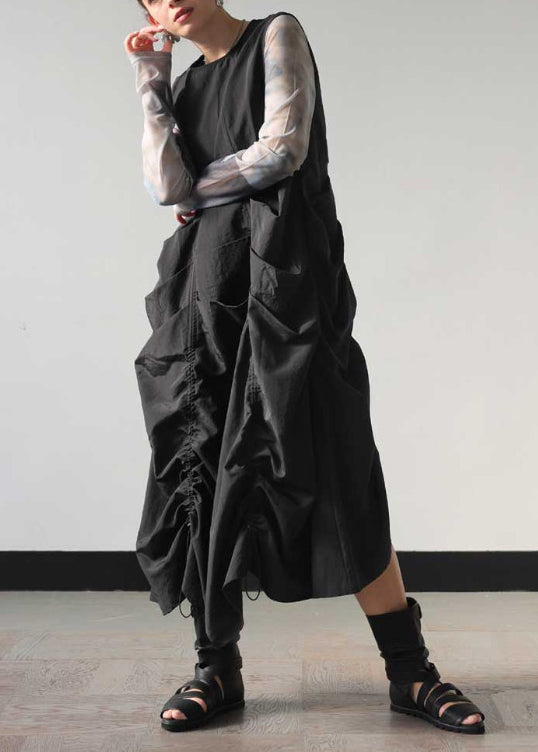 Black Cotton Robe Dresses Drawstring Wrinkled Sleeveless Fall