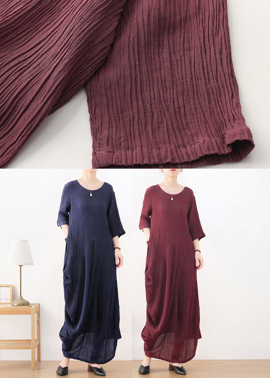 Dark Blue O-neck Asymmetrical Linen Dress Long Sleeve