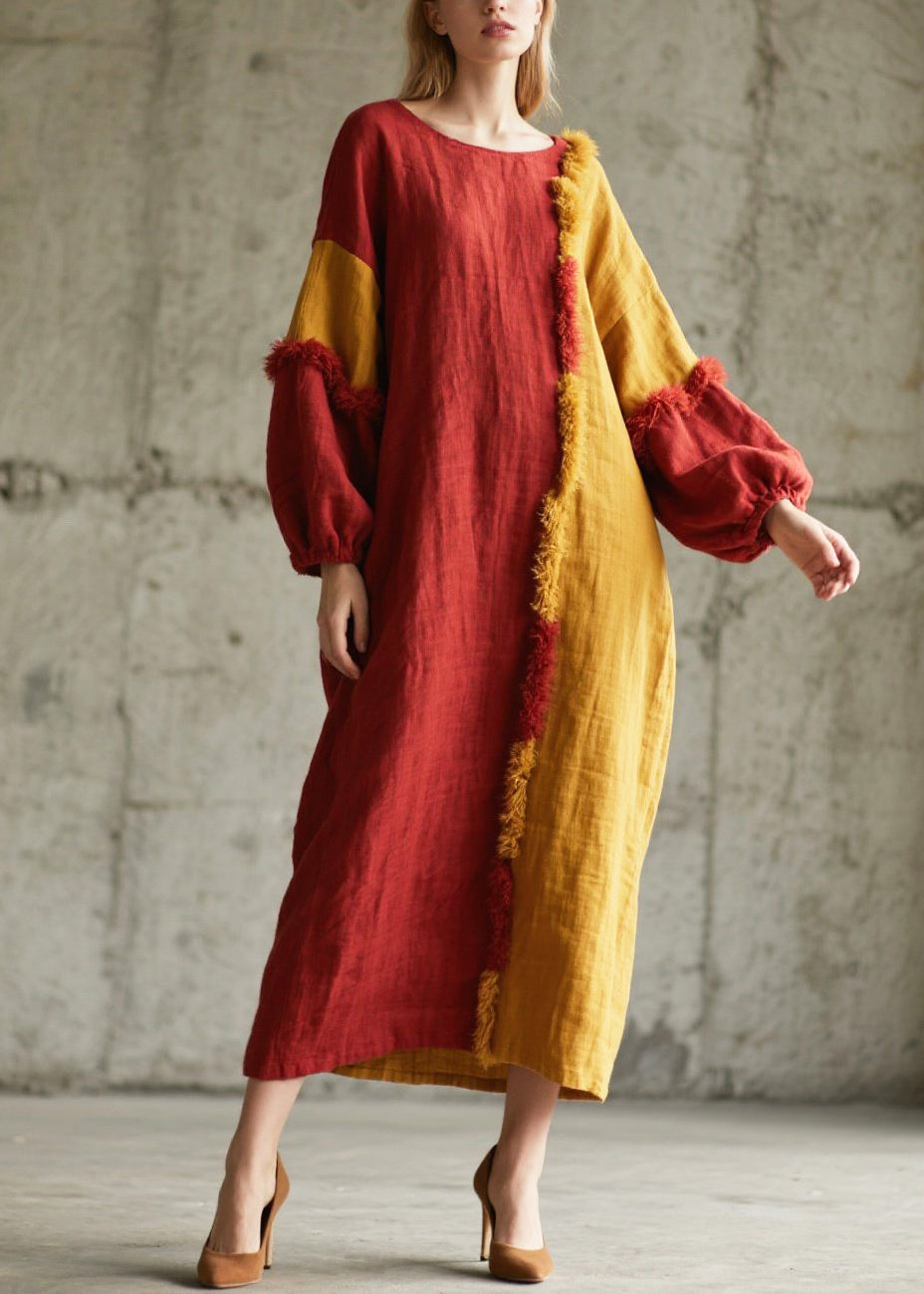 Mixed Color Asymmetrical Patchwork Faux Fur Long Dress Fall