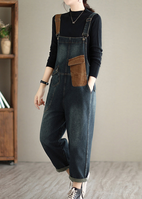 Dark Blue Pockets Patchwork Denim Jumpsuits Spring