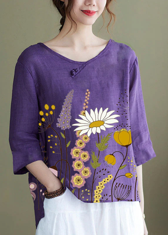 Diy Pink Flower Embroidered Side Open Half Sleeve Top