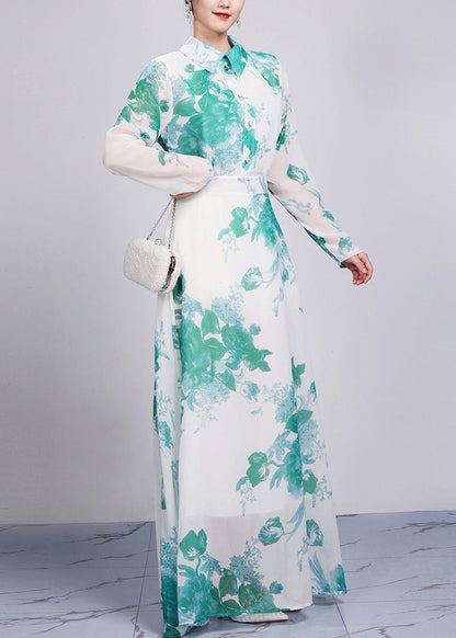 Green High Waist Chiffon Robe Dresses Peter Pan Collar Spring