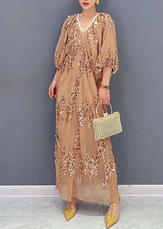 Khaki Sequins Wrinkled Tulle Party Long Dress Puff Sleeve