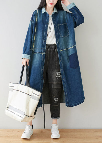 Denim Blue Peter Pan Collar Patchwork Oversized Cotton Trench Spring