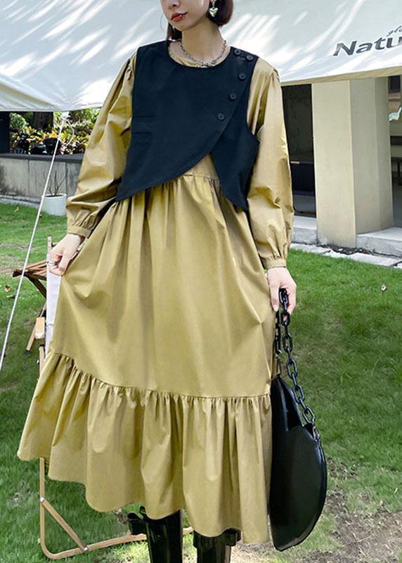 Khaki Patchwork Button Fall Maxi Dress Long Sleeve