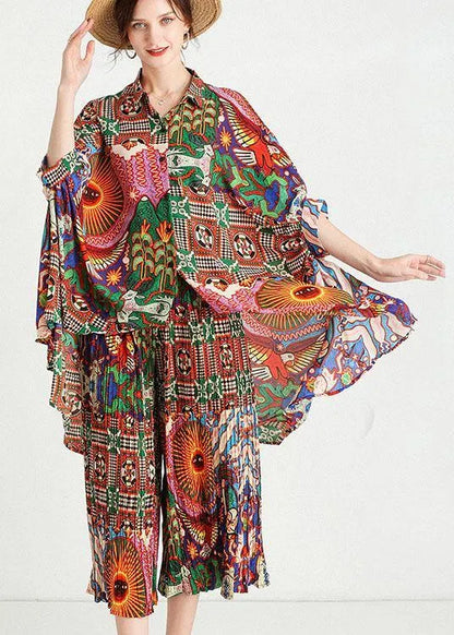 Print Animal Peter Pan Collar Button Fall Two Pieces Set Half Sleeve