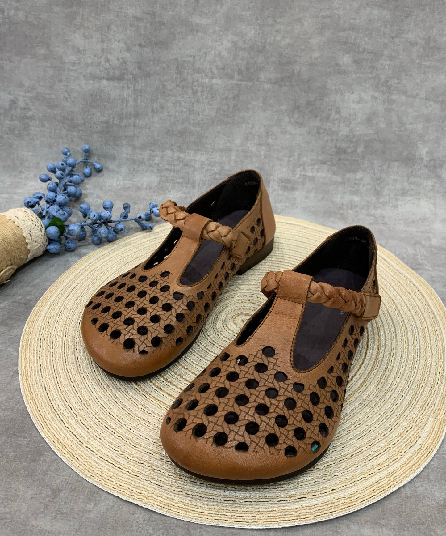 Comfy Beige Flat Shoes Hollow Out Cowhide Leather