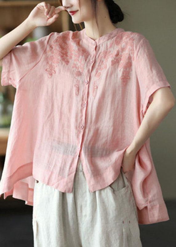 Orange Summer Side Open Stand Collar Ramie Loose Short Sleeve