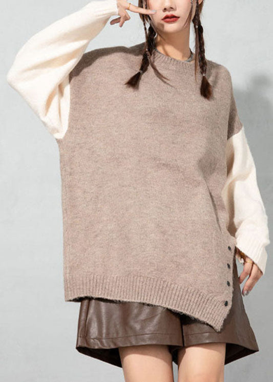 Boutique Apricot O-neck Asymmetrical Thick Patchwork Woolen Sweater Tops Spring