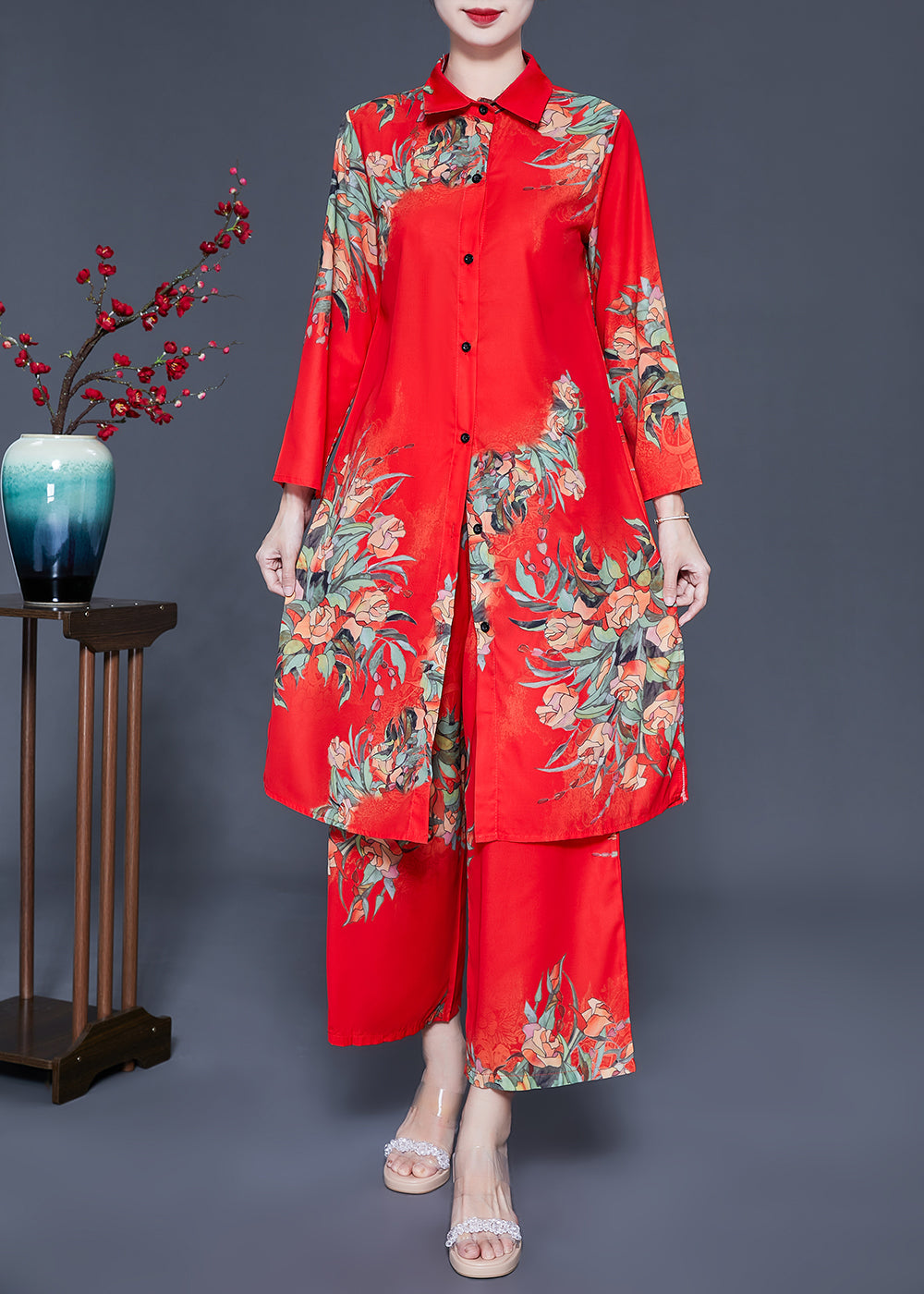 French Red Peter Pan Collar Print Chiffon Sets 2 Pieces Summer