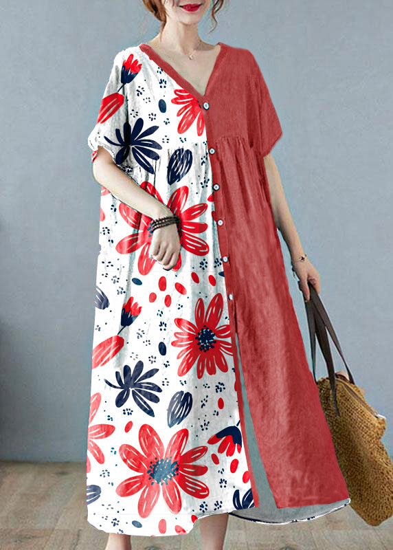 Black Flower Retro Button Summer Print Half Sleeve Maxi Dress