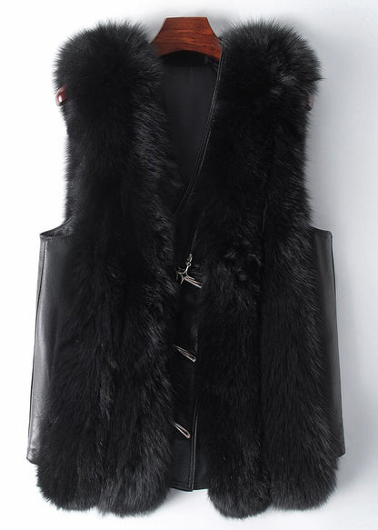 New Black Fox Collar Button Patchwork Leather and Fur Waistcoat Sleeveless