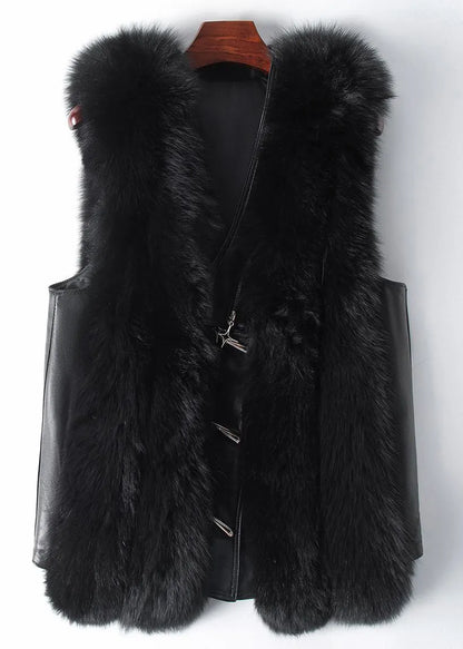 New Black Button Patchwork Leather and Fur Waistcoat Sleeveless