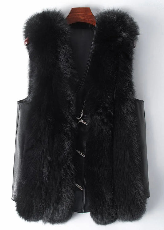 New Black Fox Collar Button Patchwork Leather and Fur Waistcoat Sleeveless