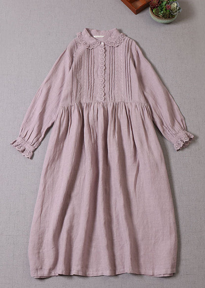 Handmade Purple Peter Pan Collar Wrinkled Linen Maxi Dresses Spring