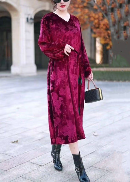 Italian Wine Red V Neck Tie Waist Silk Velour Long Dresses Winter