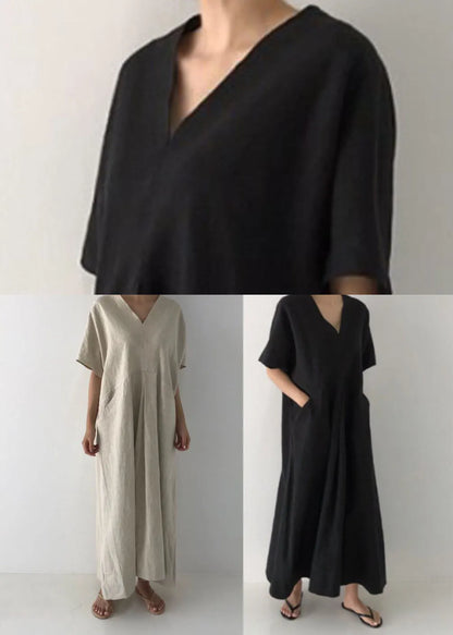 Black V Neck Oversized Linen Long Dress Short Sleeve