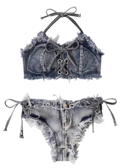 Denim Bluepatchwork Tie Waist Lingerie Set