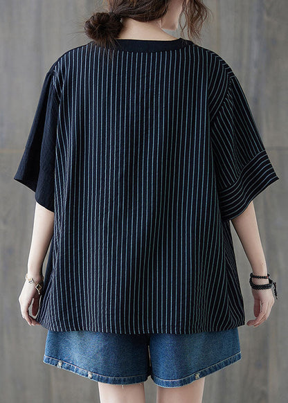 Black V Neck Striped Cotton Blouse Tops Half Sleeve