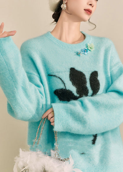 Blue Print Patchwork Thick Cotton Knit Sweater Long Sleeve Winter