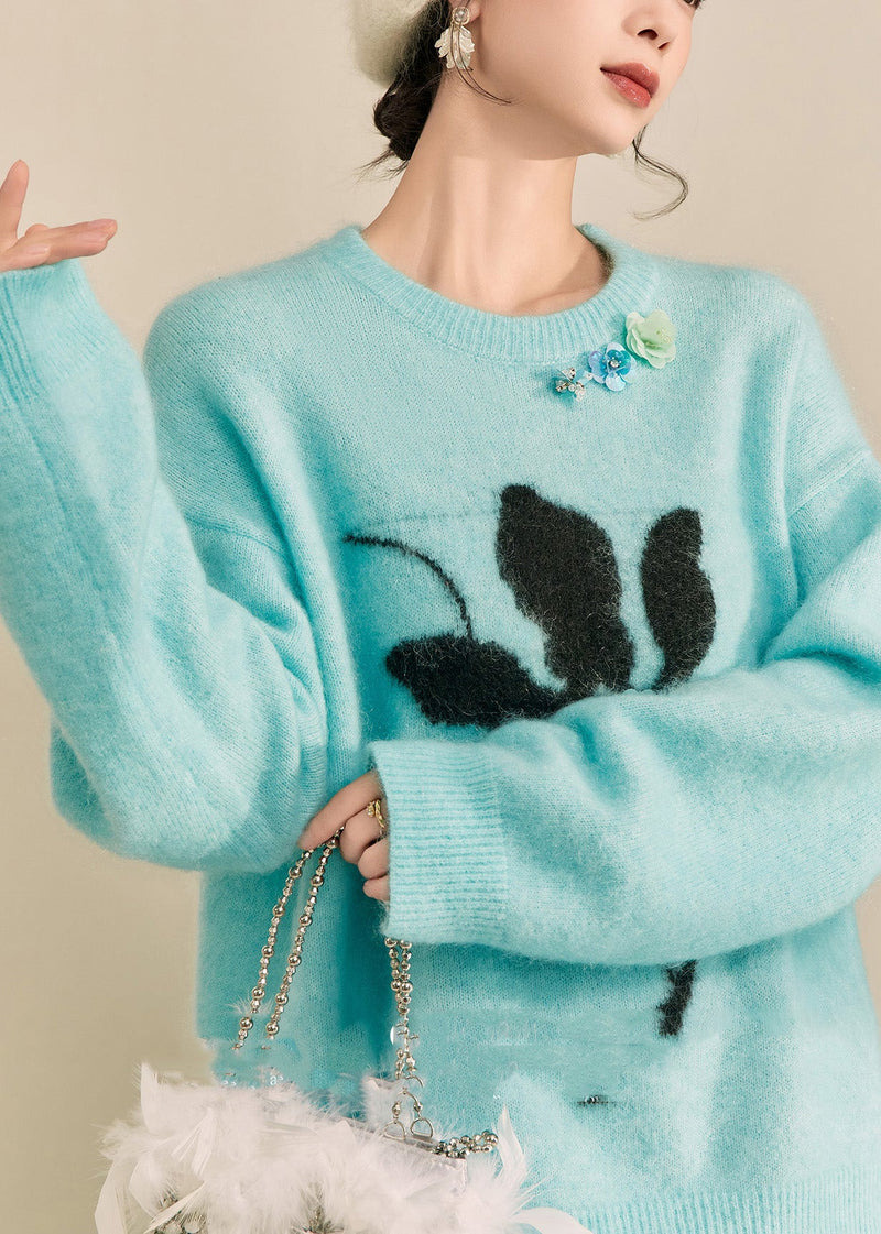 Blue Print Patchwork Thick Cotton Knit Sweater Long Sleeve Winter