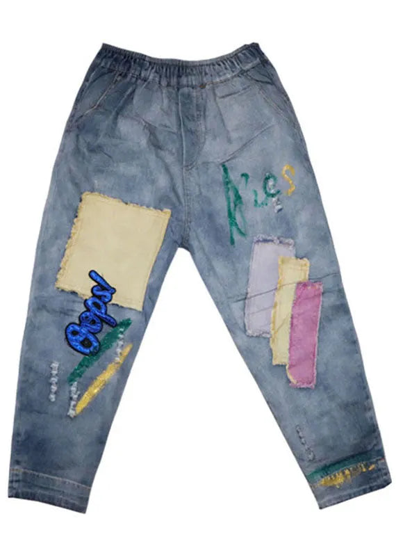 Light Blue Patch Applique Denim Pants Spring