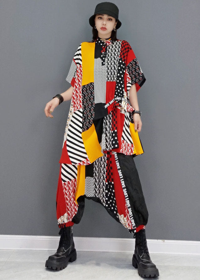 Colorblock Patchwork Print Tops and Harem Pants Two Piece Outfit Summer
