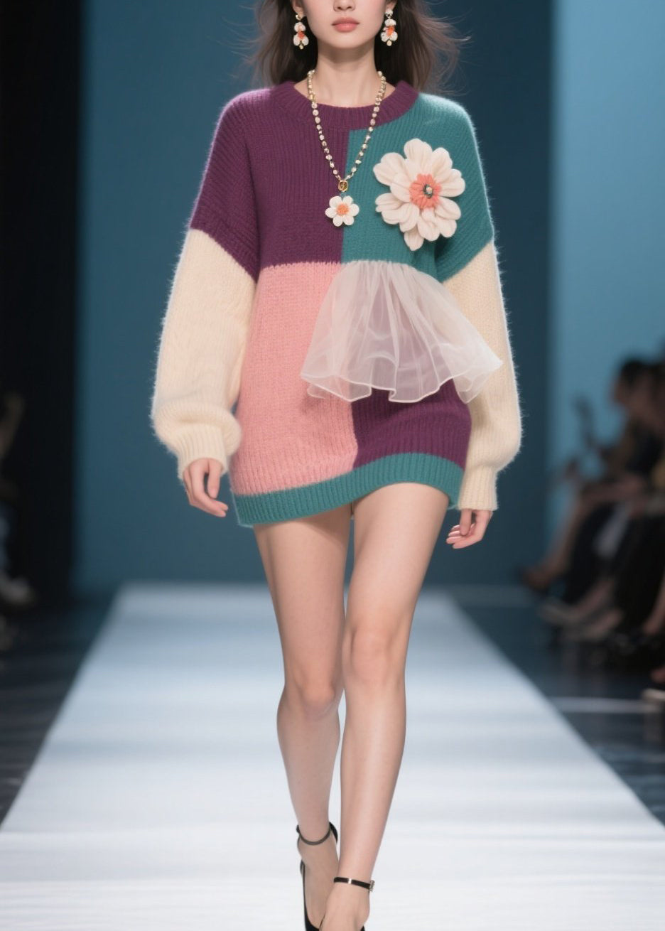 New Colorblock O Neck Tulle Patchwork Knit Pullover Fall