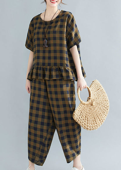 Loose Army Green O-neck Ruffles Plaid Two Pieces Set Short Sleeve