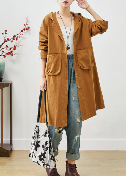Orange Hooded Pockets Cotton Coat Outwear Spring
