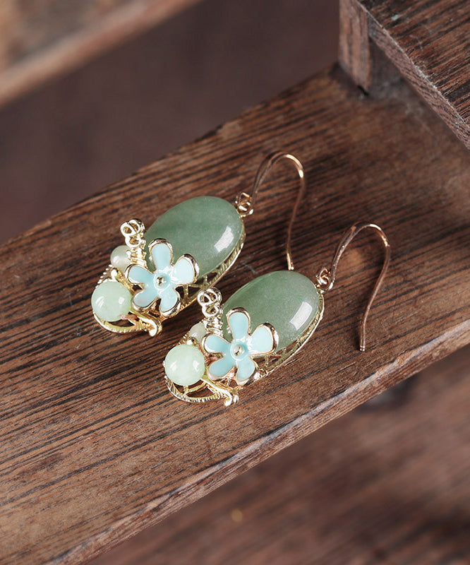 Green Copper Pearl Jade Cloisonne Drop Earrings