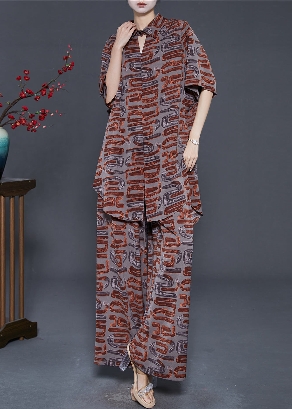 Brown Print Chiffon Two Piece Set Clothing Notched Summer