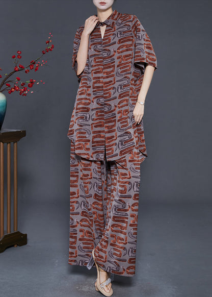Brown Print Chiffon Two Piece Set Clothing Notched Summer