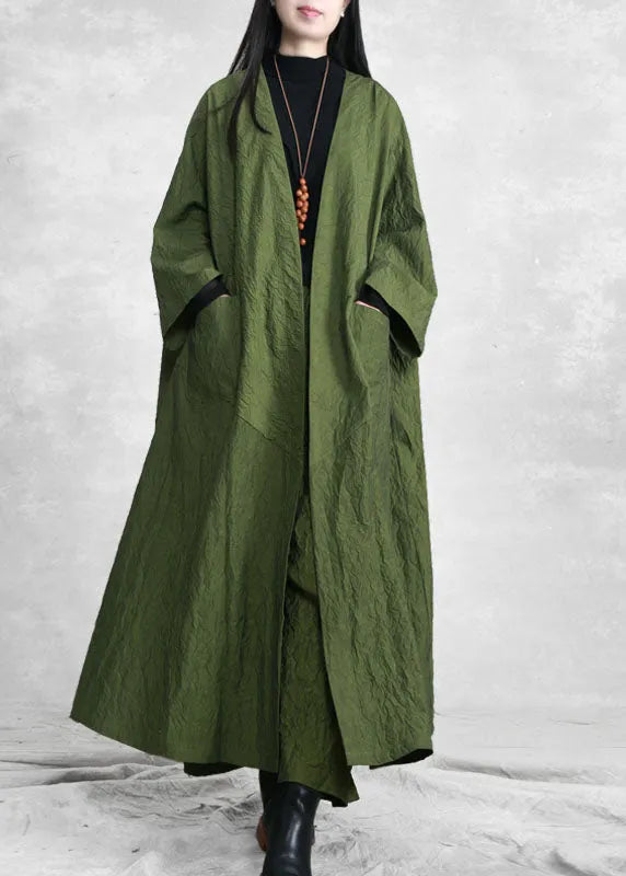 Green V Neck Pockets Trench Coats and Wide Leg Pants Two Pieces Set Spring