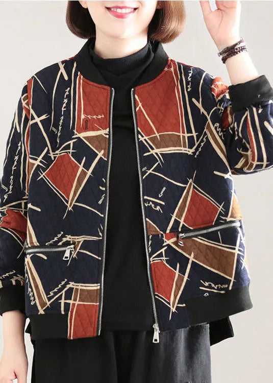 Red Stand Collar Pockets Print Fine Cotton Filled Witner Coat