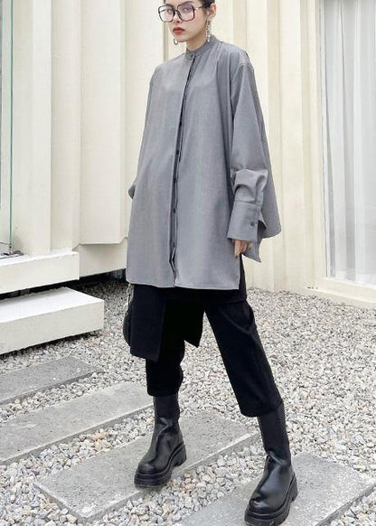 French Grey Asymmetrical Design Long Sleeve Spring Blouses