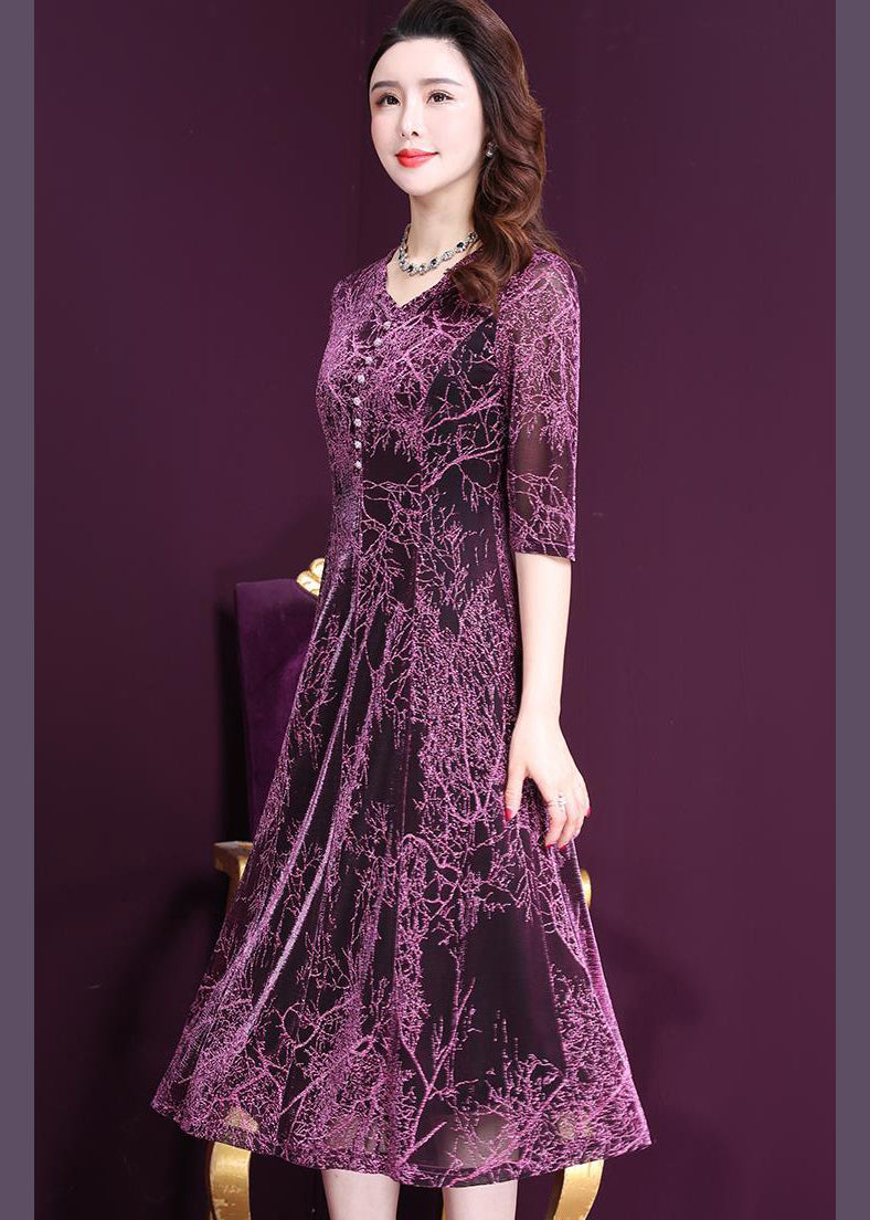 Stylish Purple O-neck Print Button Tulle Holiday Dress Half Sleeve