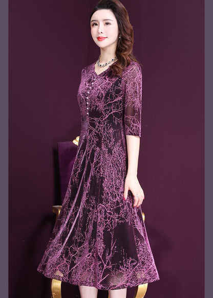 Stylish Purple O-neck Print Button Tulle Holiday Dress Half Sleeve